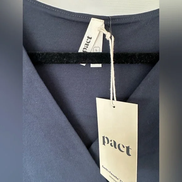 PACT Fit & Flare Wrap Midi Dress Blue Organic Cotton Long Sleeve Tie Waist Large - Picture 4 of 8